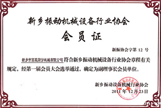 评选为振动机械行业协会副理事长单位