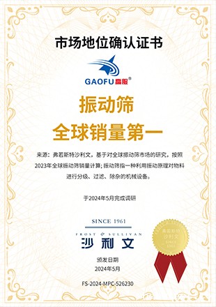 振动筛全球销量第一证书